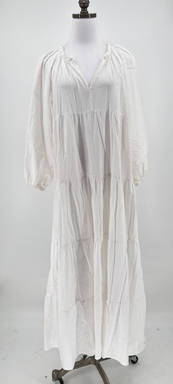 Natalie Martin White Rose Woven Cotton V Neck Tiered Maxi A Line Dress Sz M